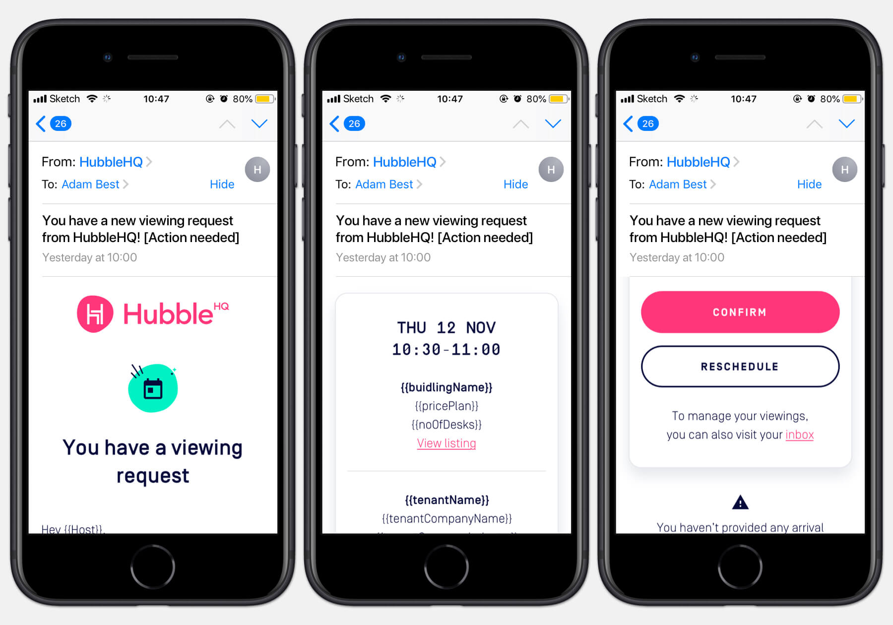 HubbleHQ Viewings mobile email designs - viewing request