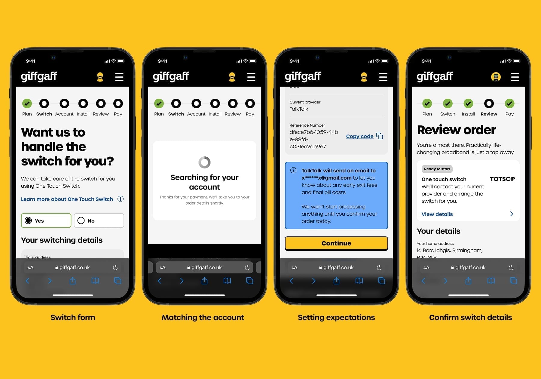 One Touch Switch flow — key screens from the giffgaff broadband sign-up journey
