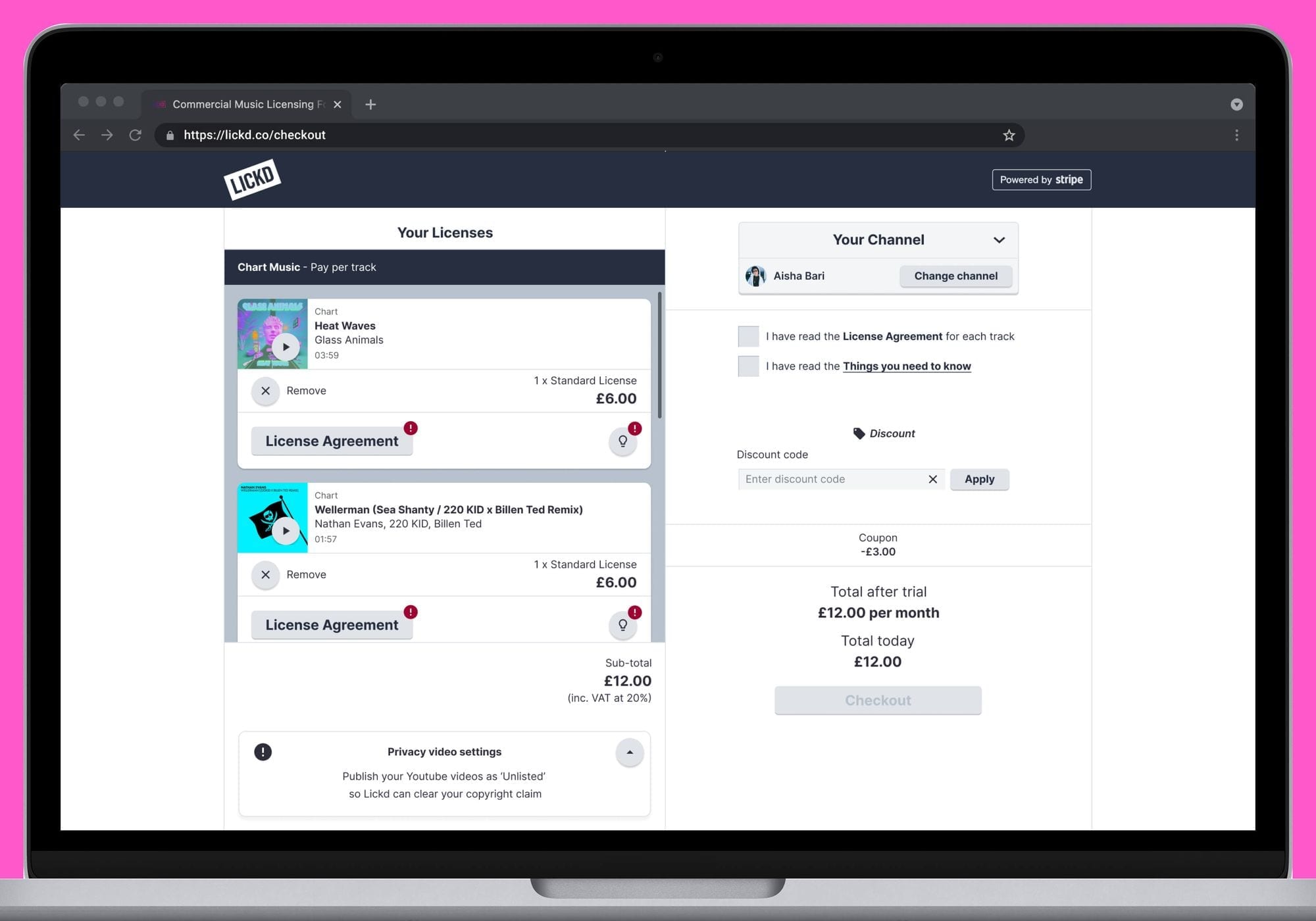 Redesigned Lickd checkout — desktop view after the licensing clarity improvements