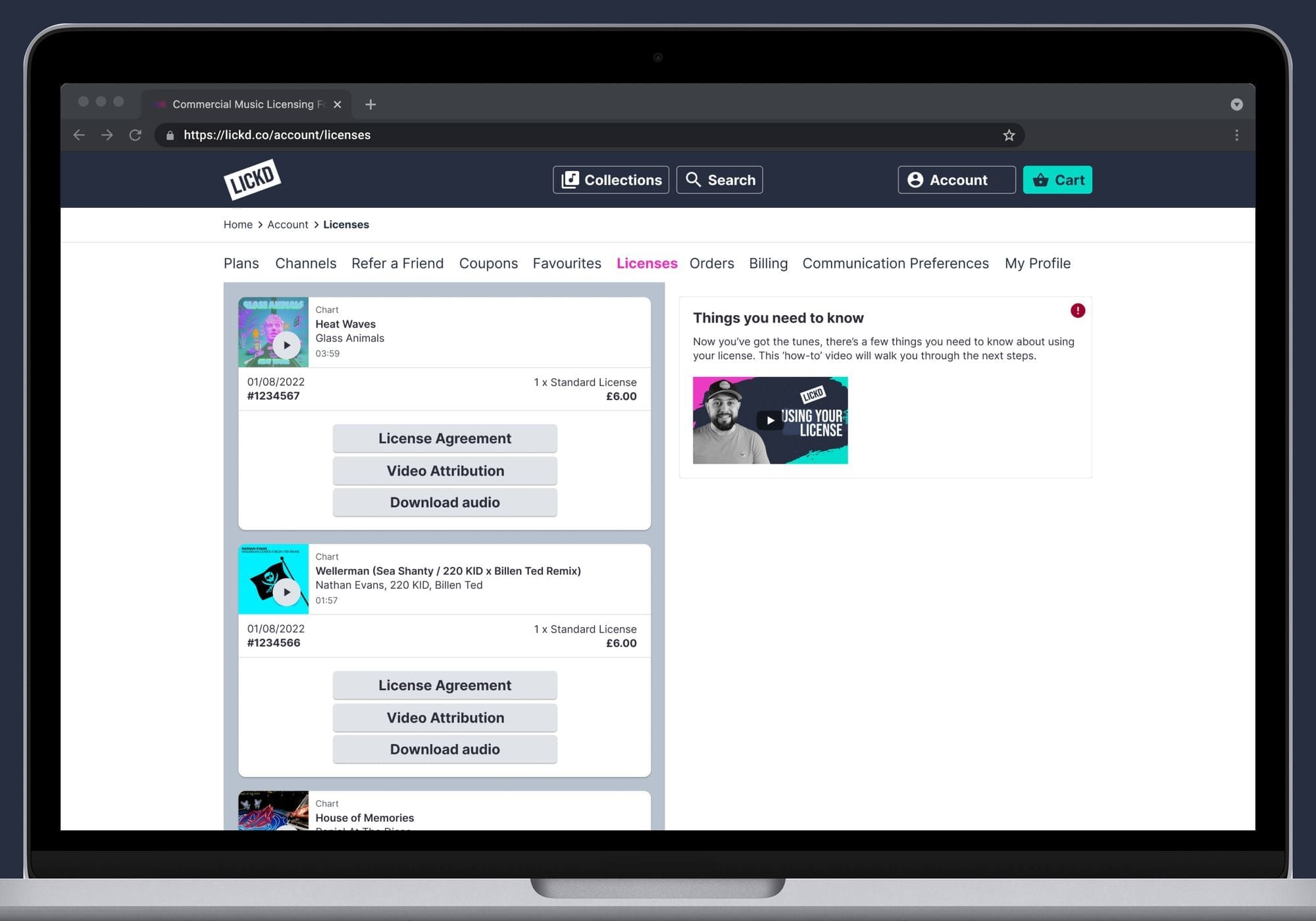 Licences dashboard — desktop view of a creator's active licence library